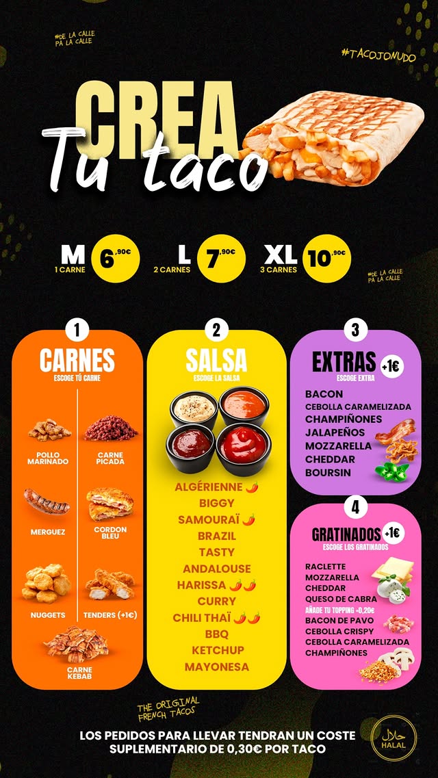 Carta Tacos Street - Crea tu taco: carnes, salsas, extras, gratinados