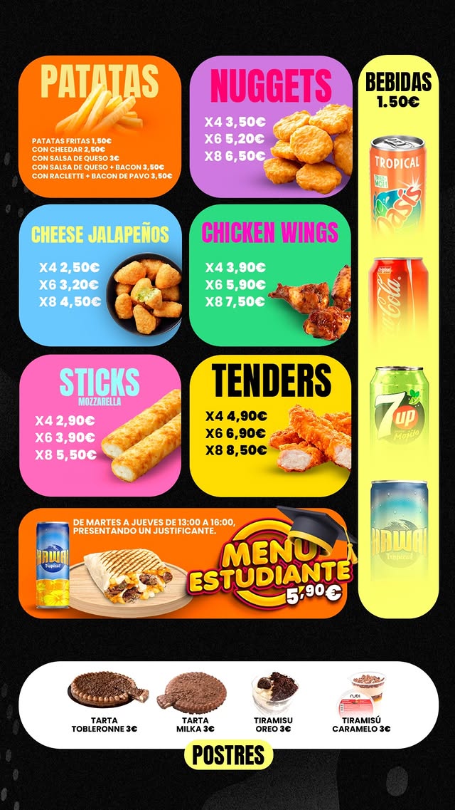 Carta Tacos Street - Entrantes, bebidas, postres, menu estudiante